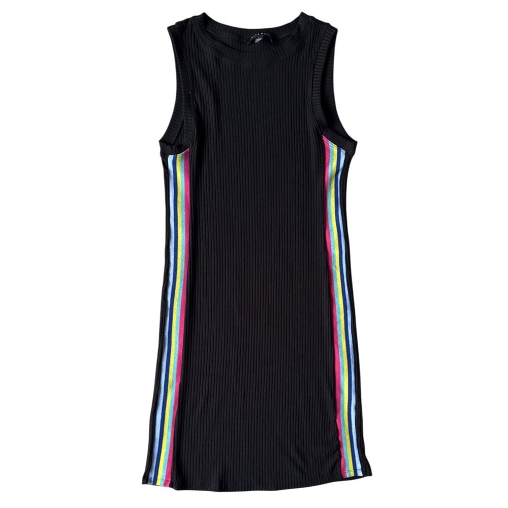 Haute Monde Black Sleeveless Ribbed Dress With Rainbow Side Stripes Polyester Bl